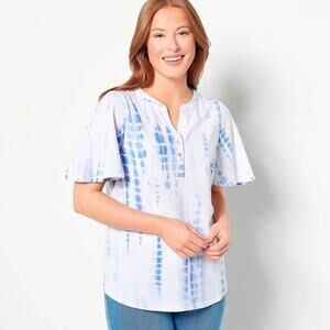 Belle by Kim Gravel Women's Flutter Sleeve Tie-Dye Top Blue White Size 2X NWT